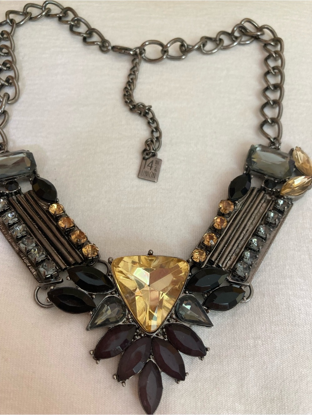14th & Union Signed Jeweled
Statement Necklace Gun Metal Yellow Black